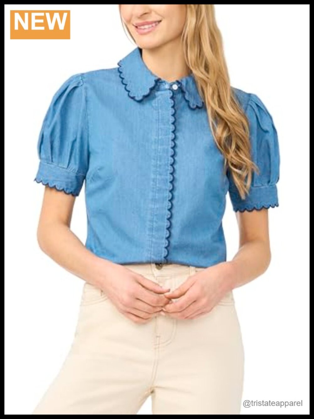 CeCe Scallop Trim Button-Up Blouse 100% Cotton Short Sleeve